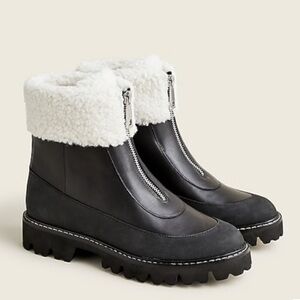 New J Crew Gwen Lug-Sole Front Zip Faux Fur Trim Black Winter Boots, Size 10